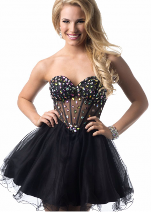Black Tulle Beaded Sweetheart Neckline Sexy Knee Length Prom Dress